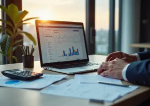 Современное рабочее место с ноутбуком, отображающим бухгалтерское и управленческое программное обеспечение, калькулятор и документы на столе, символизирующие управленческий учет и электронный документооборот для ИП в России.