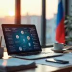 Современный рабочий стол с ноутбуком, показывающим интерфейс системы электронного документооборота для ИП, на фоне российского флага и иконок цифровой связи