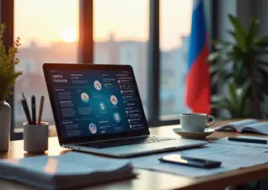 Современный рабочий стол с ноутбуком, показывающим интерфейс системы электронного документооборота для ИП, на фоне российского флага и иконок цифровой связи