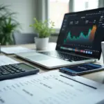 Рабочий стол ИП с ноутбуком, интерфейсом онлайн‑бухгалтерии, кассой и документами, символизирующими учёт и электронную отчётность