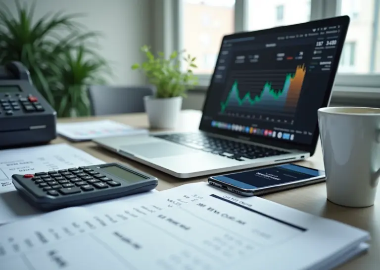 Рабочий стол ИП с ноутбуком, интерфейсом онлайн‑бухгалтерии, кассой и документами, символизирующими учёт и электронную отчётность