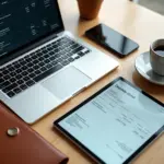 Рабочий стол ИП с ноутбуком показывающим УПД планшетом с актом и смартфоном с счётом‑фактурой символы электронного документооборота