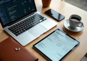 Рабочий стол ИП с ноутбуком показывающим УПД планшетом с актом и смартфоном с счётом‑фактурой символы электронного документооборота