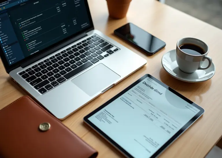 Рабочий стол ИП с ноутбуком показывающим УПД планшетом с актом и смартфоном с счётом‑фактурой символы электронного документооборота