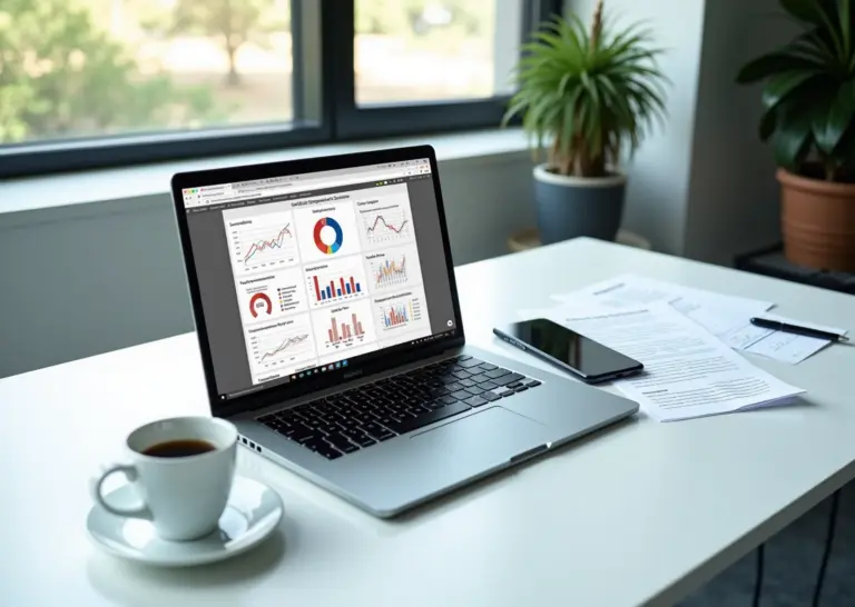 Рабочий стол ИП с ноутбуком, таблицей сравнения тарифов ЭДО, смартфоном и документами в светлом офисе