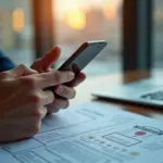 ИП подписывает электронный документ на смартфоне в офисе, рядом ноутбук и бумажные документы