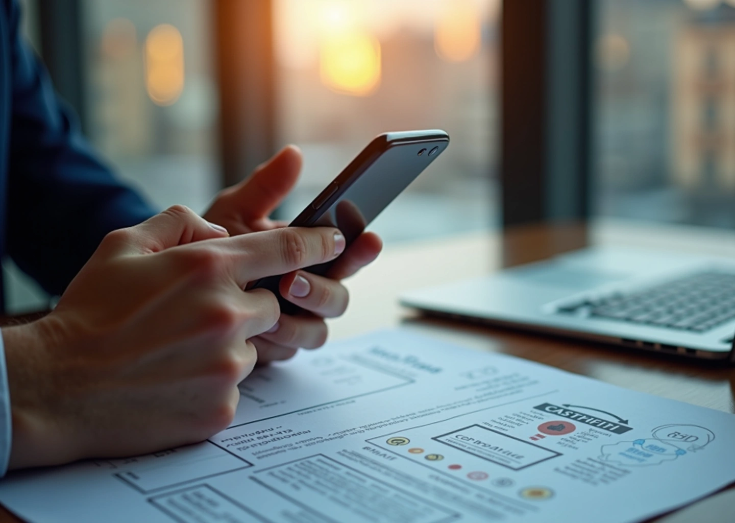 ИП подписывает электронный документ на смартфоне в офисе, рядом ноутбук и бумажные документы