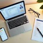 Предприниматель за ноутбуком оплачивает фиксированные страховые взносы через личный кабинет налогоплательщика, рядом смартфон с подтверждением платежа и бумажная квитанция.