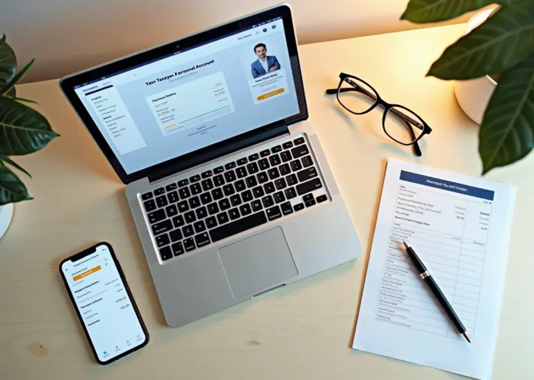 Предприниматель за ноутбуком оплачивает фиксированные страховые взносы через личный кабинет налогоплательщика, рядом смартфон с подтверждением платежа и бумажная квитанция.