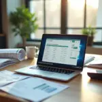 ИП за ноутбуком с открытой электронной отчётностью и документами, касса и символы электронного документооборота на рабочем столе