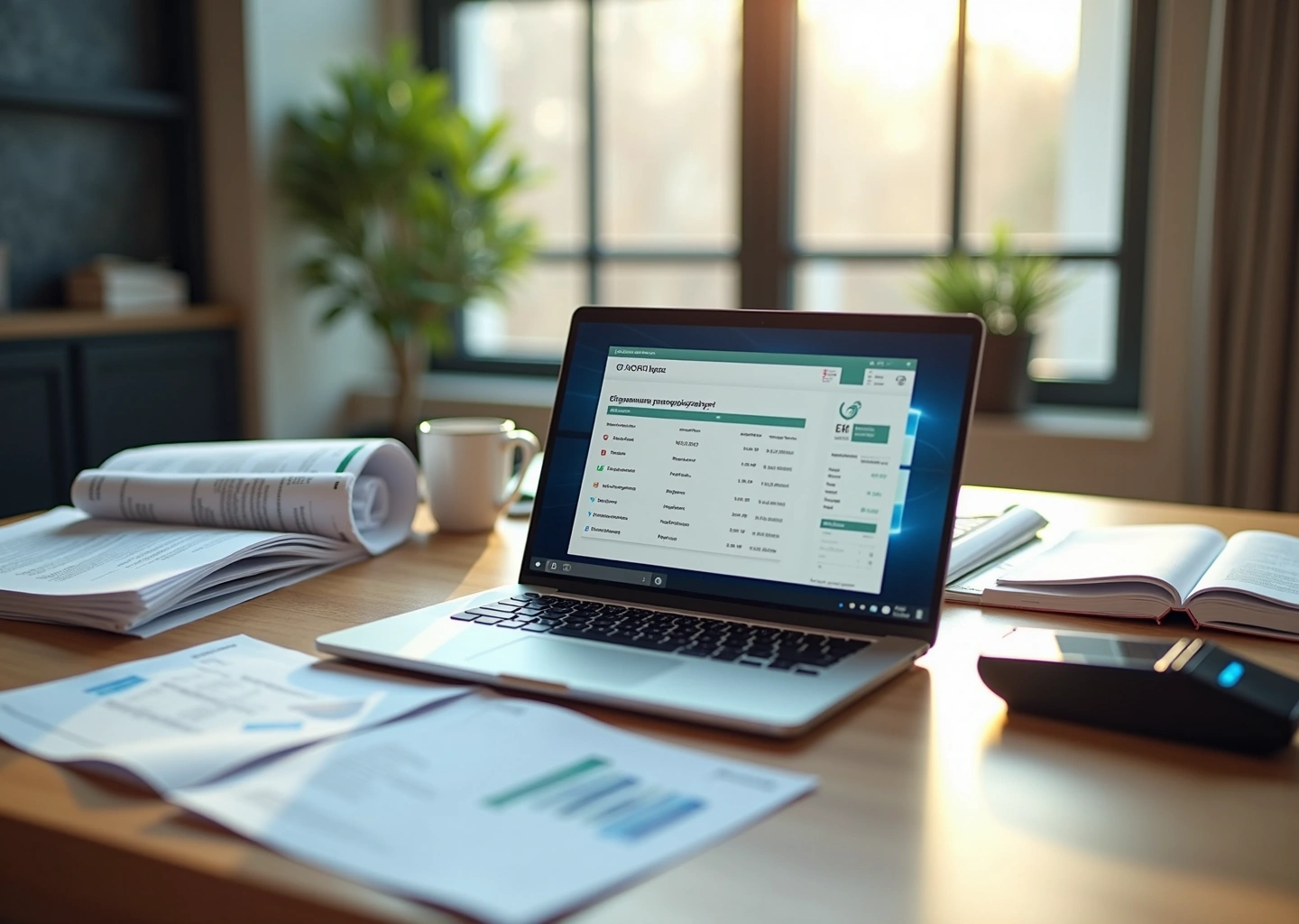 ИП за ноутбуком с открытой электронной отчётностью и документами, касса и символы электронного документооборота на рабочем столе