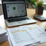 Рабочее место ИП с открытой таблицей учёта доходов и расходов, документами и смартфоном для электронного документооборота