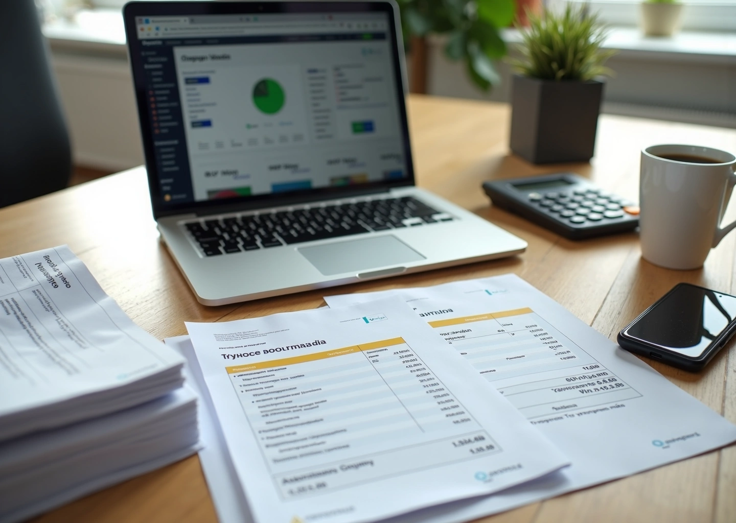 Рабочее место ИП с открытой таблицей учёта доходов и расходов, документами и смартфоном для электронного документооборота