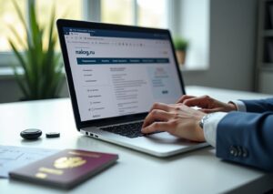 Предприниматель за ноутбуком с открытой страницей nalog.ru, паспорт, ИНН и USB‑токен для КЭП на столе