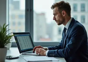 Индивидуальный предприниматель в России работает на компьютере с налоговой отчётностью и кодами ОКВЭД