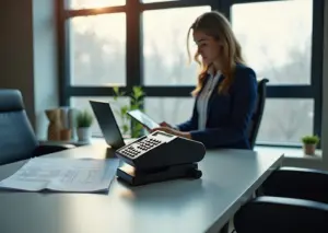 Современная онлайн-касса с предпринимателем и цифровыми документами в офисе