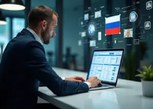 Рабочее место индивидуального предпринимателя с ноутбуком, на экране которого отображаются электронные документы и налоговые формы, символы электронной отчётности и документооборота