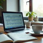 Рабочее место с ноутбуком, калькулятором и документами по налогам и страховым взносам в России