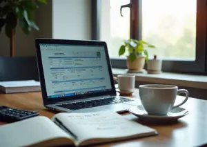 Рабочее место с ноутбуком, калькулятором и документами по налогам и страховым взносам в России