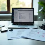 Современный офис с ноутбуком, показывающим электронную налоговую отчётность, смартфоном с приложением для документооборота и российскими деловыми документами