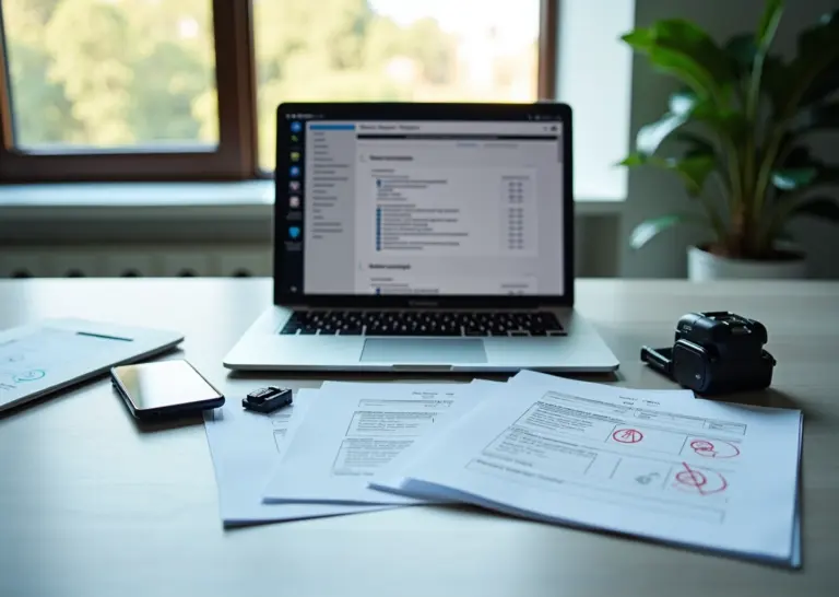 Современный офис с ноутбуком, показывающим электронную налоговую отчётность, смартфоном с приложением для документооборота и российскими деловыми документами