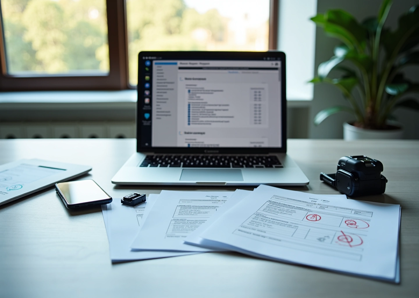 Современный офис с ноутбуком, показывающим электронную налоговую отчётность, смартфоном с приложением для документооборота и российскими деловыми документами
